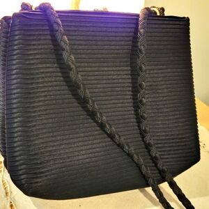 Stunning Vintage Black Pleated Evening Bag/Purse with Braided Shoulder Strap